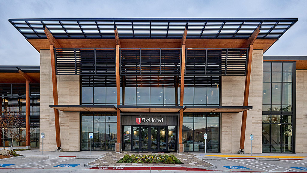 A building with glass windows.